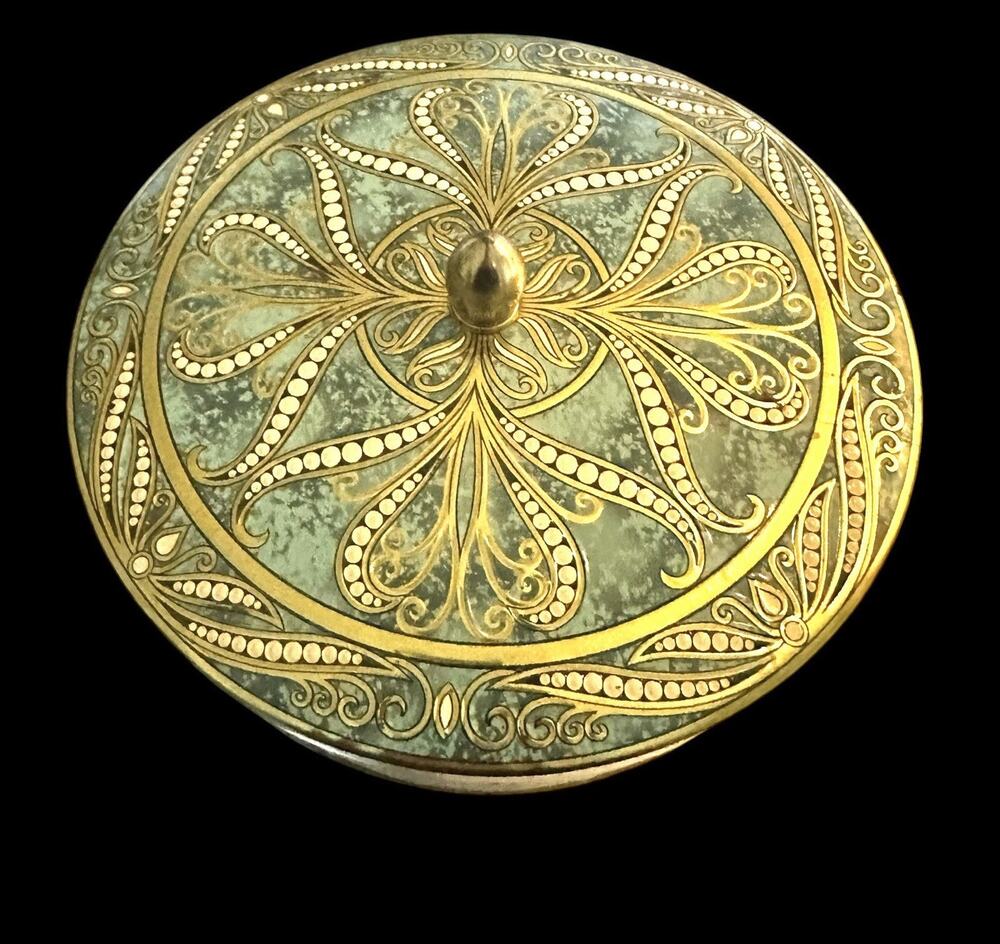 Vintage Daher Round Turquoise Gold White Mosaic Tin Brass Finial Made In UK